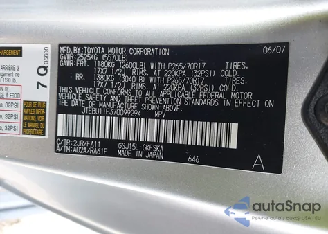 2007 Toyota Fj Cruiser z USA, uszkodzony, nr VIN JTEBU11F370099294